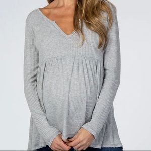 Heather Grey Knit Split Neckline Long Sleeve Maternity Top